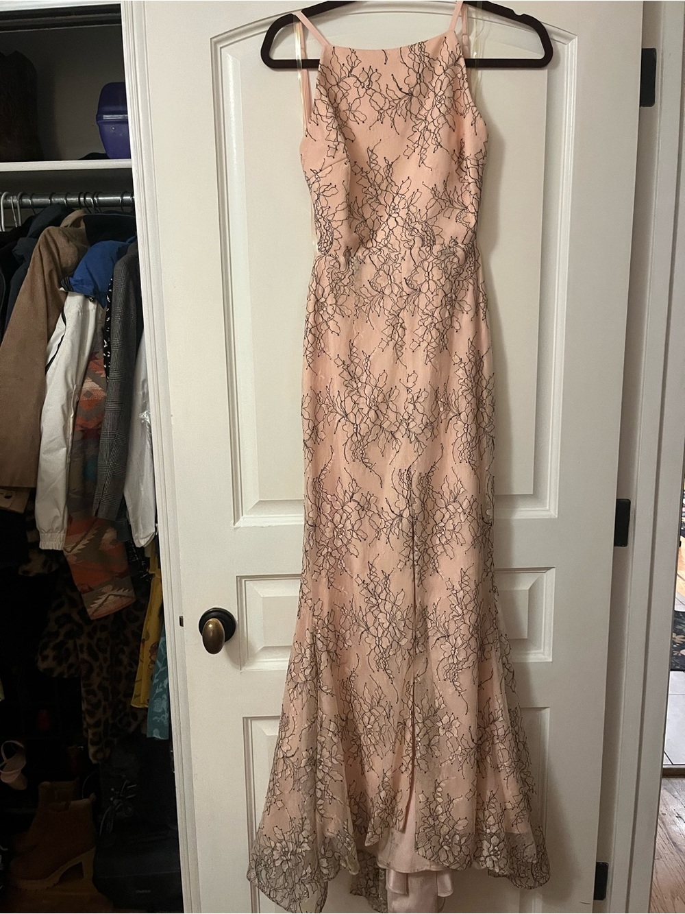 Fame and Partners Blush Pink Maxi Dress with Black Lace Overlay